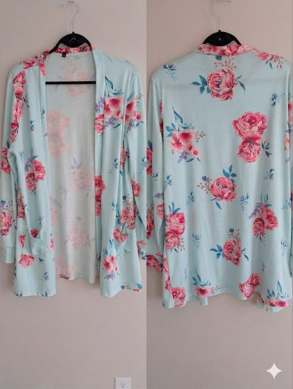 Floral Open Front Cardigan Light Green Pink Rose Duster Kimono With Pockets XL